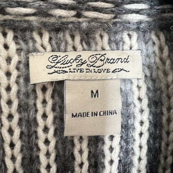 Lucky Brand Sweater Cardigan Black Gray White Lagging Look Wool Blend - Picture 9 of 10